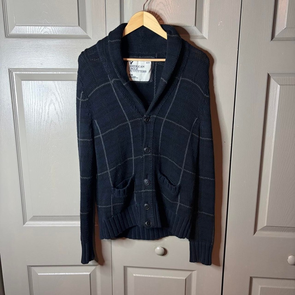American Eagle Vintage Plaid Cardigan Navy Blue Grey Shawl Collar Sweater Mens M